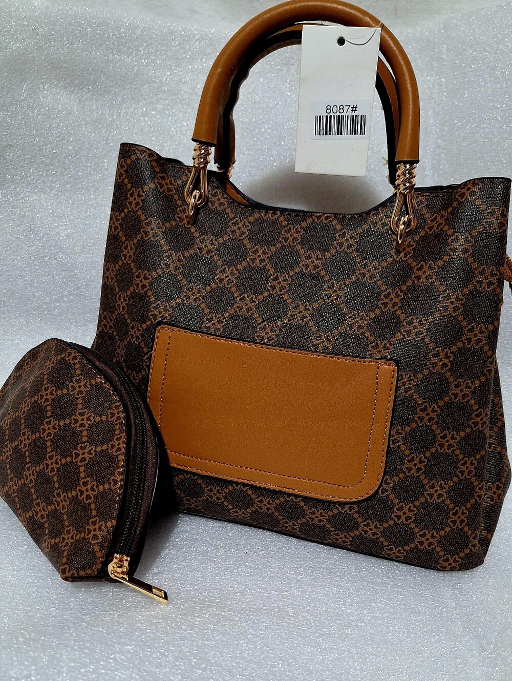 Brown Patterned Tote Bag with Matching Pouch